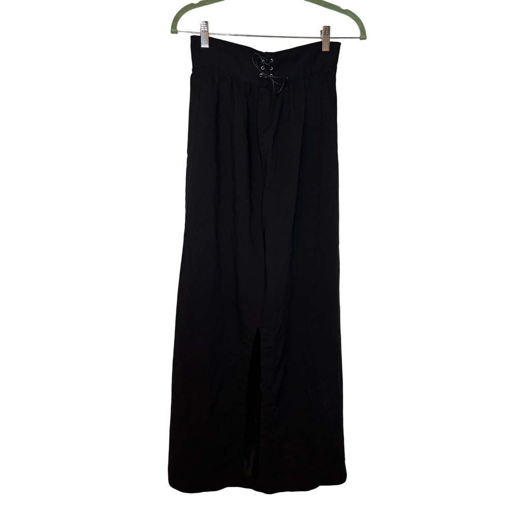 Black Lace Up Waist Maxi Skirt High Rise Front Slit Long Woven Skirt Womens